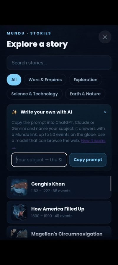 A phone: the subject typed into Erask, the prompt pasted into ChatGPT, and the finished story playing on the globe